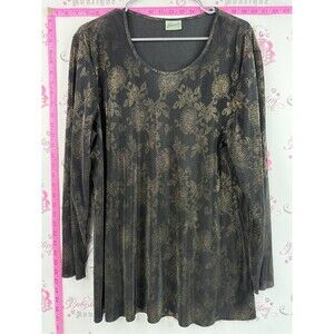 Penmans plus shirt shiny pleats Black Long-Sleeve Metallic Floral Scoop Neck Top